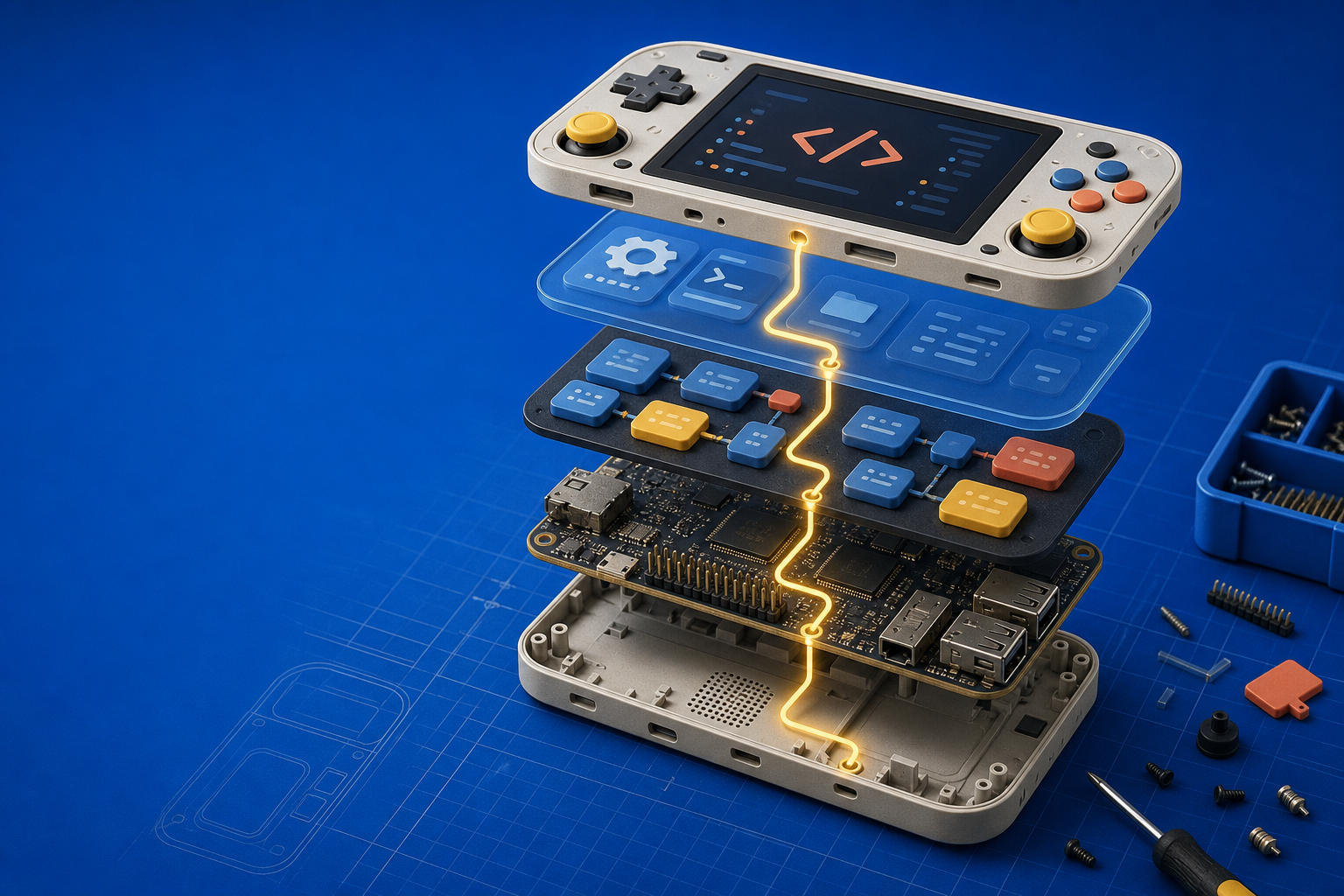 Exploded technical view of a handheld device, software layers, and affordable computing board connected as one platform